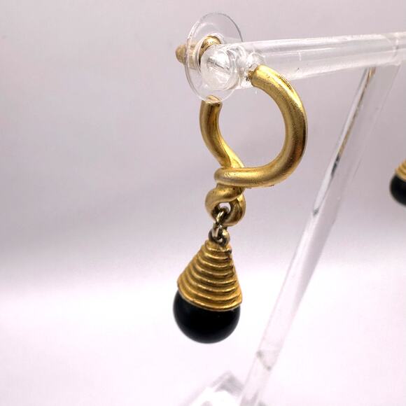Gold Black Ball Retro Vintage Inspired Pierced Earring Dangle Drop Minimalist - Picture 6 of 8